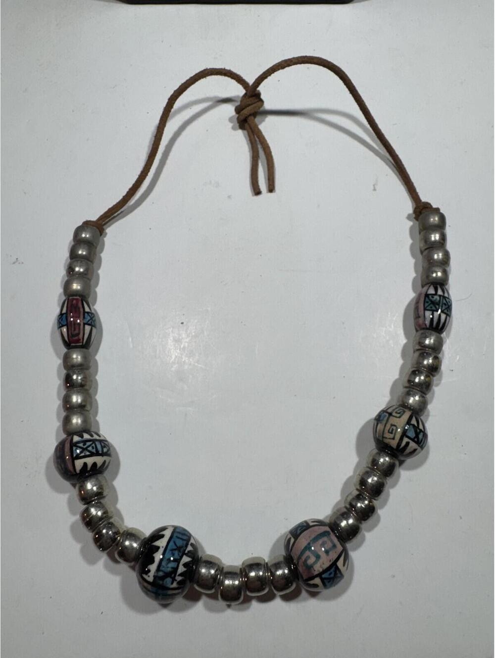 Bohemian Tribal Style Beaded Necklace Silver Tone & Ceramic Beads Leather Tie